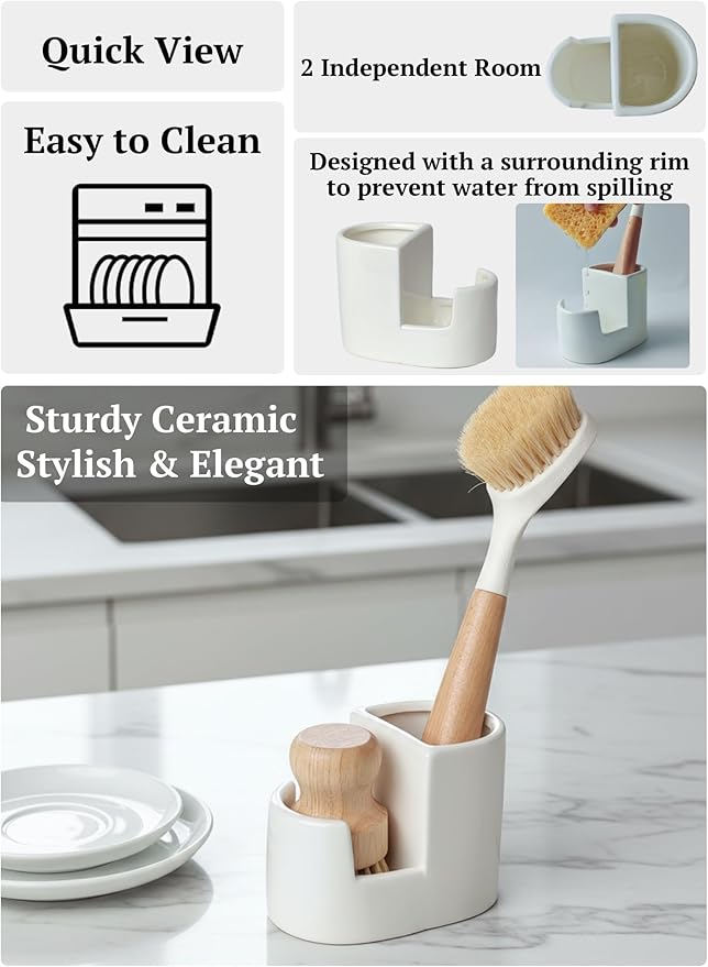 2-in-1 Ceramic Sponge Holder, Dish Sponge and Brush Holder