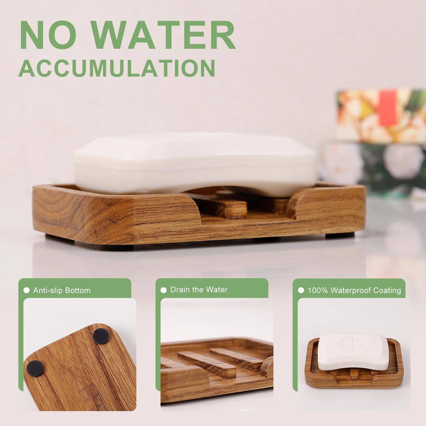 2PCS Self Draining Soap Dish by HTB,Teak Wood Soap Holder,Soap Saver for Shower, Bathroom, Sink, Kitchen and Countertop