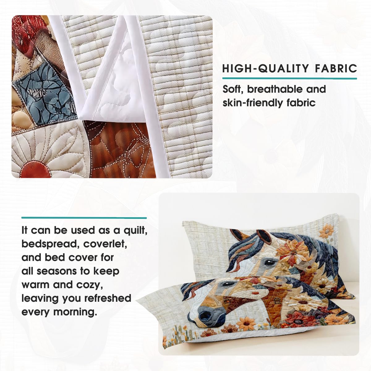 LUSHIS Patchwork Quilt Set, Patchwork Throw Bedspread Bed Sets - Animals Coverlet Sets All Season Soft Microfiber Lightweight Bedding Set (Horse)