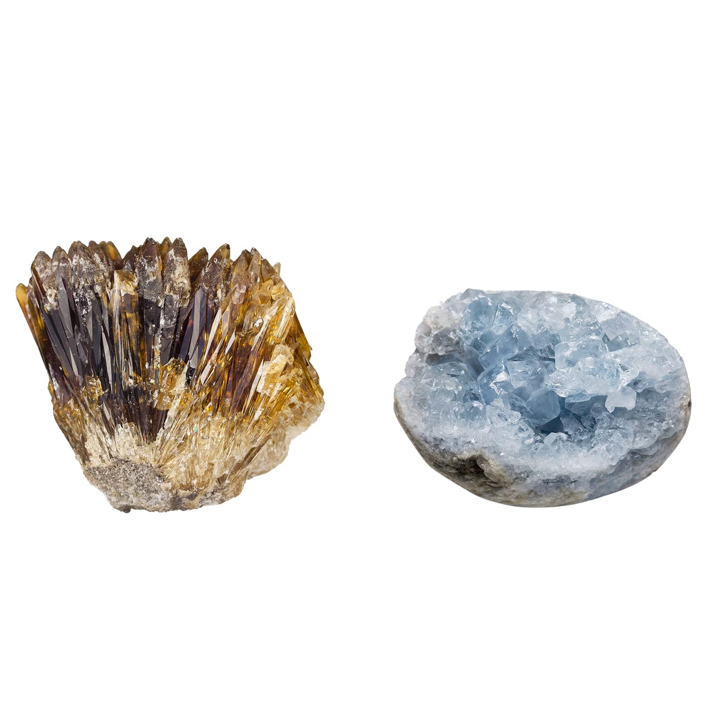 mookaitedecor Bundle - 2 Items: Natural Raw Amber Calcite Crystal Cluster Geode Stone & Natural Celestite Mineral Crystal Geode Cluster Specimen Stone for Crystals Healing Home Decor