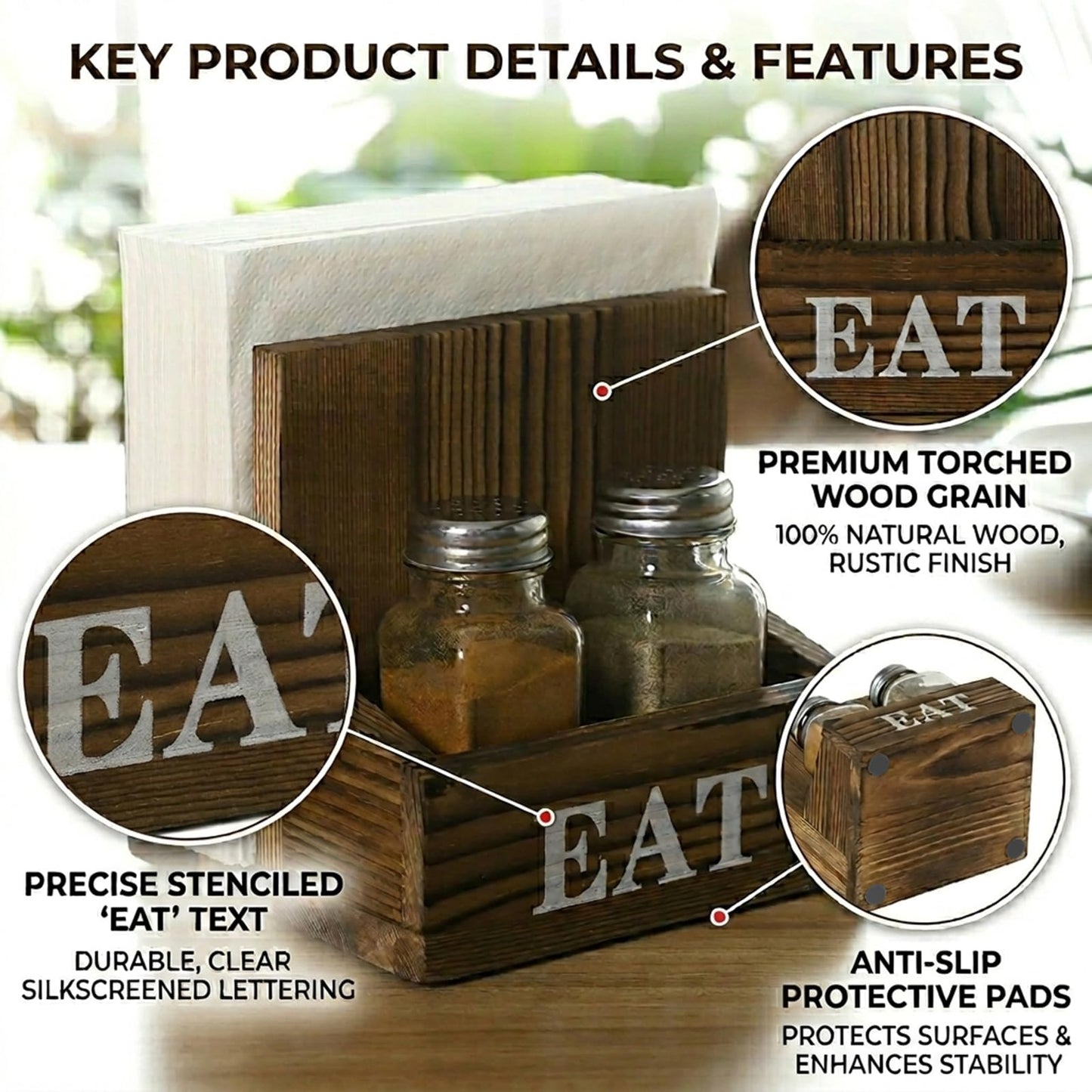 Napkin Holder with Salt and Pepper Shakers Holder for Home Kitchen Table Centerpiece and Commercial Decor, Rustic Solid Burnt Wood & Bold White Printed EAT Design