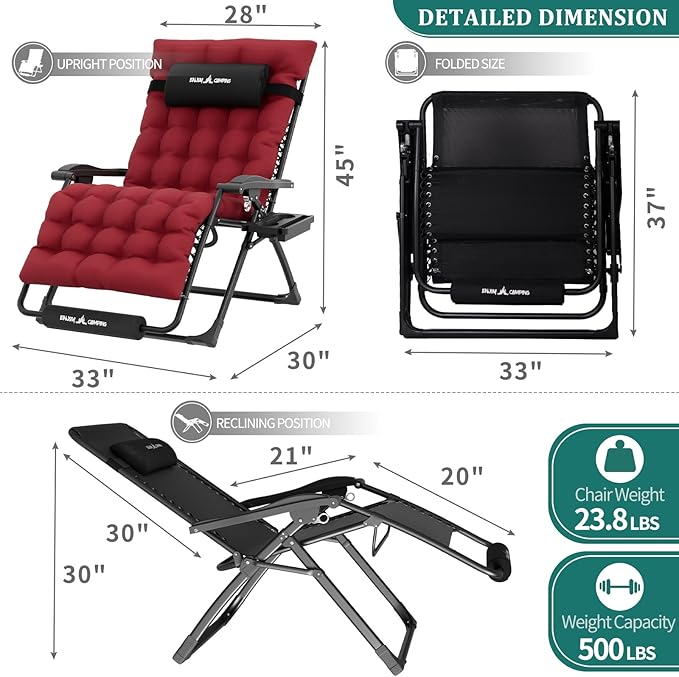 UDPATIO Oversized Zero Gravity Chair, 33In XXL Patio Reclining Chair with Cushion, Outdoor Folding Recliner with Pillows|Cup Holder|Foot Rest|Padded Headrest, Burgundy, Support 500LB