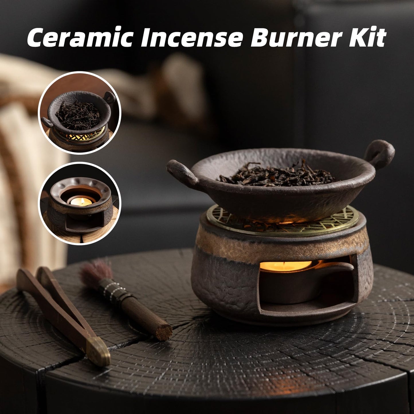 Cedar Aromatherapy Burner & Ceramic Oil Warmer for Home & Office (Heat-Resistant Double-Handled Baking Tray + Stone-Patterned Oven + Accessories)