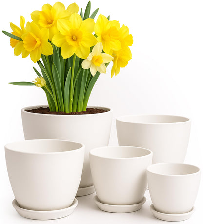 Utopia Home Plastic Planters White, Flower Nursery Pots Indoor Modern Decorative Plastic Pots for Plants, Succulents, Flowers, and Cactus 5 Pack, Multisize