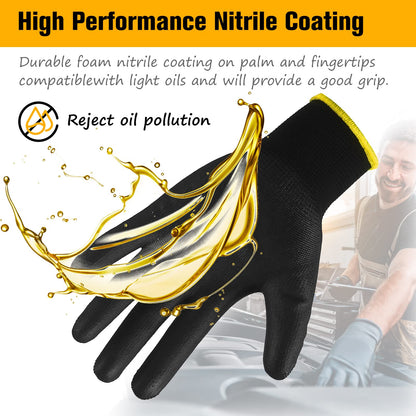 Rainberg Pack of 12 or 24 Safety Gloves, Work Gloves, with Secure Grip on Palm & Fingers, PU and Nylon Non-Slip Gloves, Ideal for General Duty Work, Gardening. (Pack of 24 Pair's, Large)