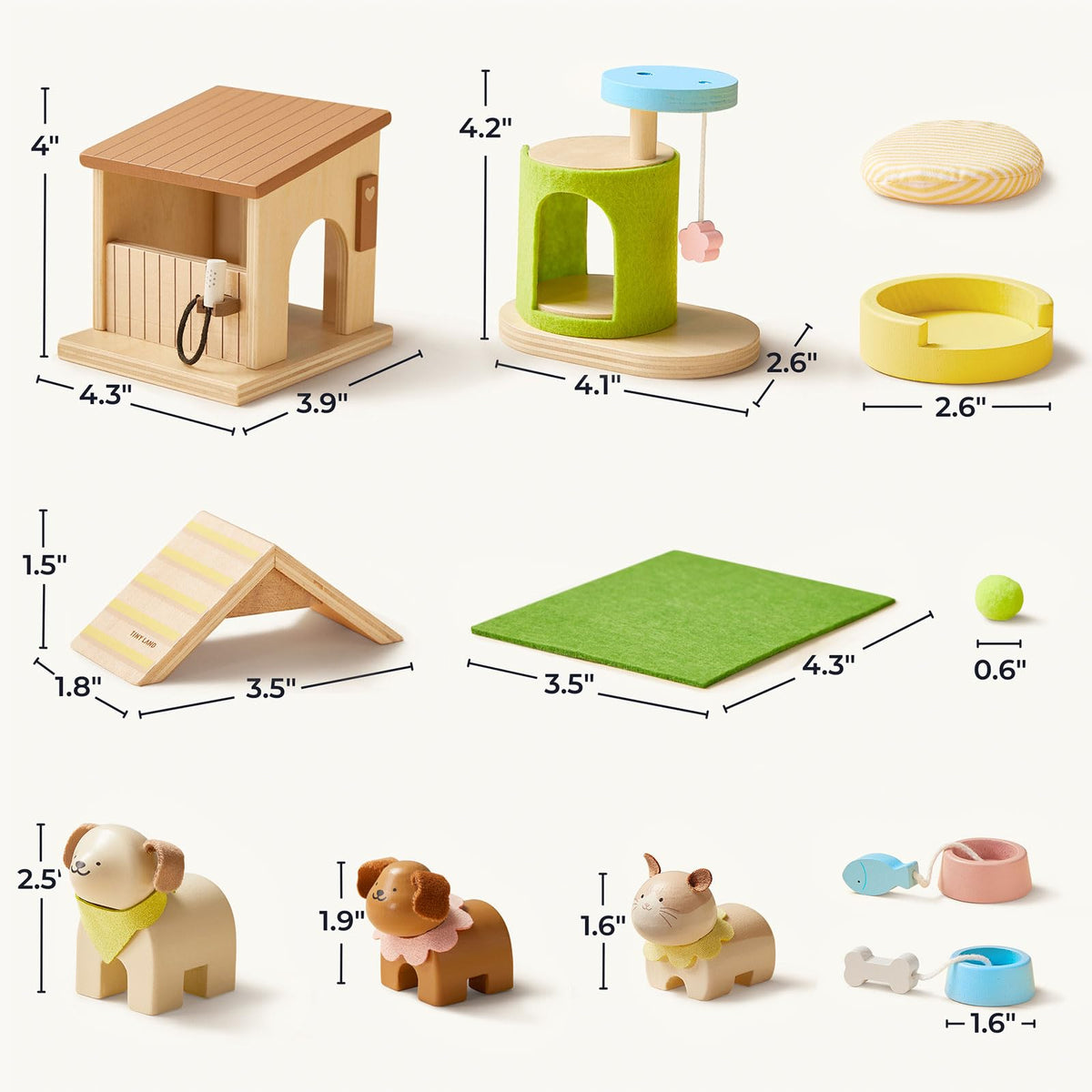 Tiny Land Wooden Dollhouse Animal Set for Toddlers, Dollhouse Accessories & Dolls House Furniture Sets for Toddlers, Montessori Pretend Play Family Pets Set Toys, Gift for Kids Age 3+