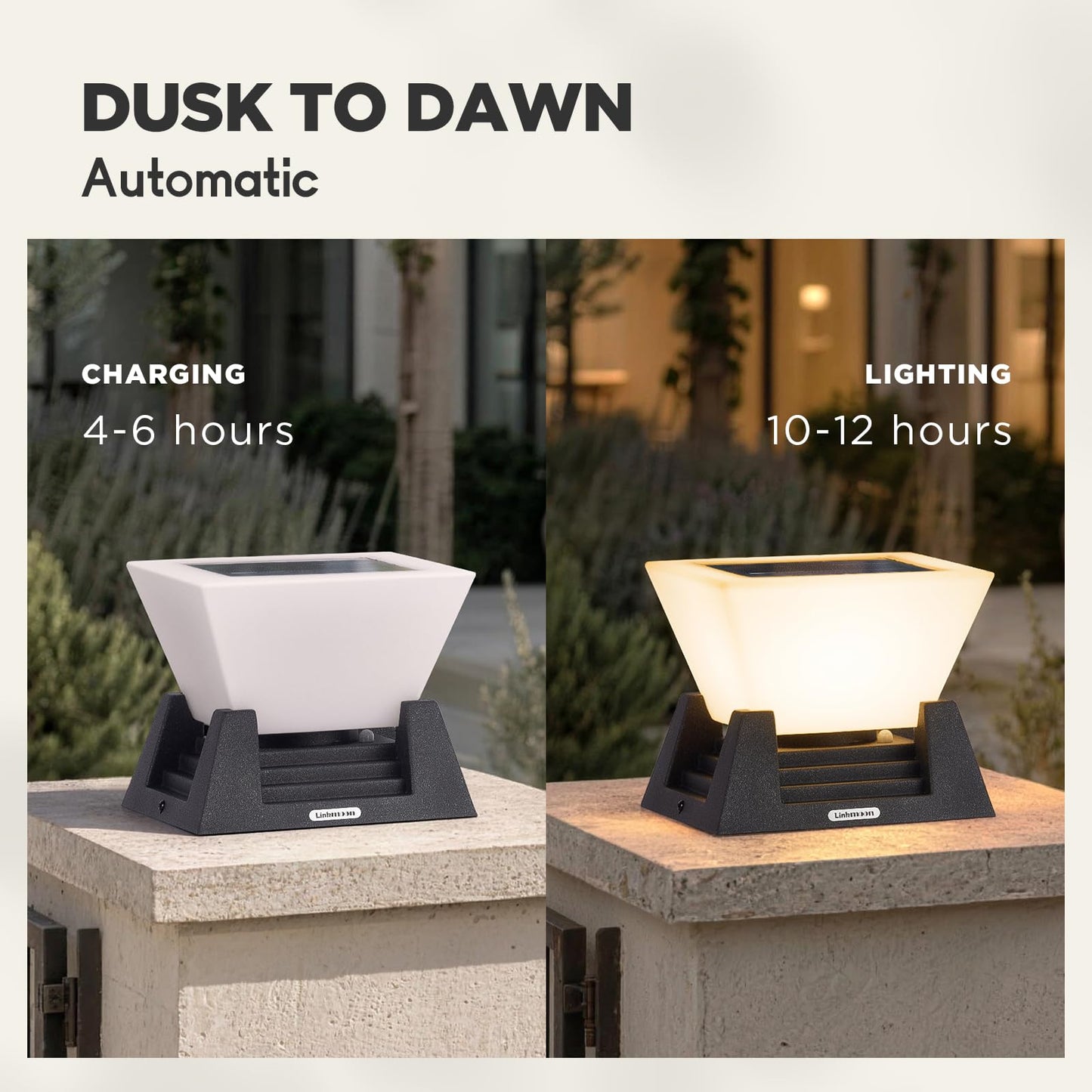 Linkmoon Solar Post Lights, 11'' Pillar Light Fixture, Waterproof Dusk to Dawn Fence Column Lantern, 3000K LED Outdoor Column Lights, Post Cap Lamp Outdoor Lighting for Patio Garden Driveway Deck Yard
