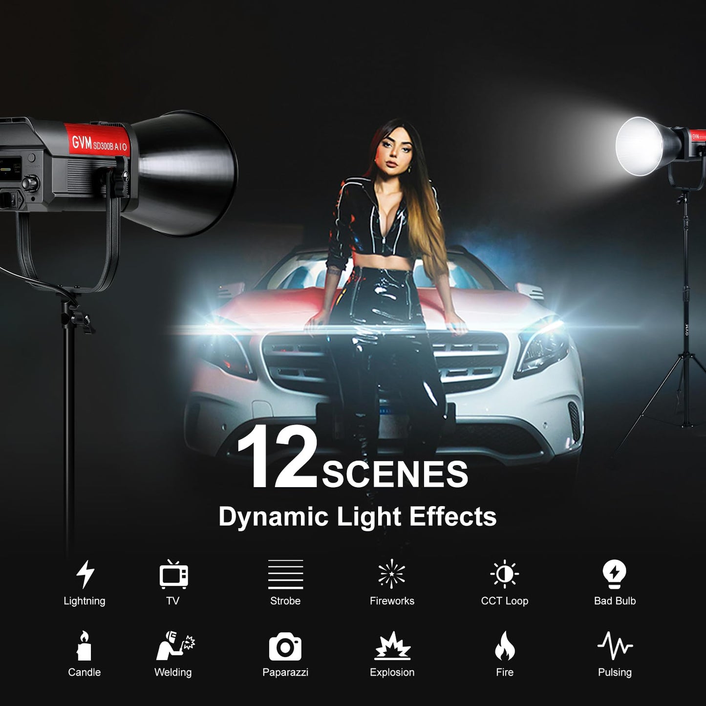 GVM 300W Video Light Kit with Lantern Softbox, SD300B AIO Photography Light with Bluetooth Control, 12 Scene Modes, 2700K-6800K Professional Studio Filming LED Light for YouTube, Vlog, Live Streaming