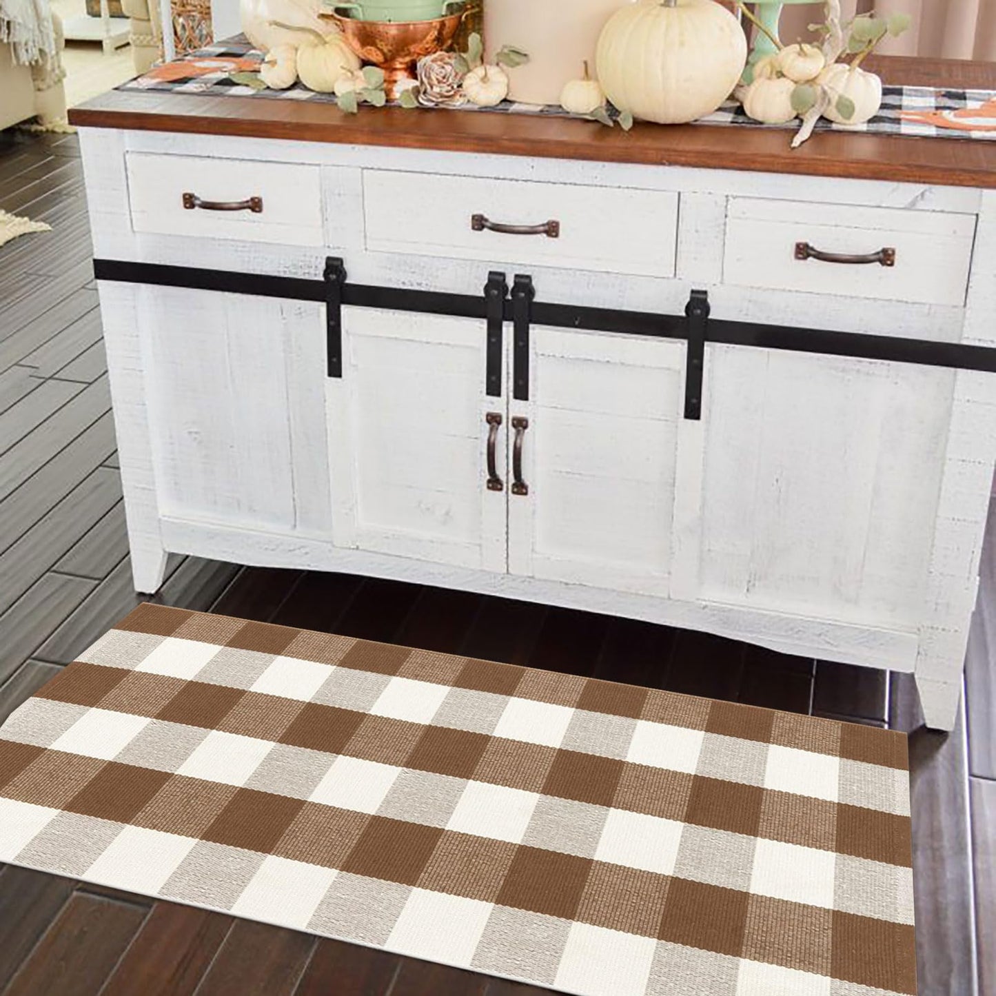 Buffalo Plaid Outdoor Rug Doormat Farmhouse Checkered Front Porch Rug Machine Washable Woven Cotton Layered Door Mats for Indoor Entryway Kitchen Bedroom (24"x51", Coffee and White)
