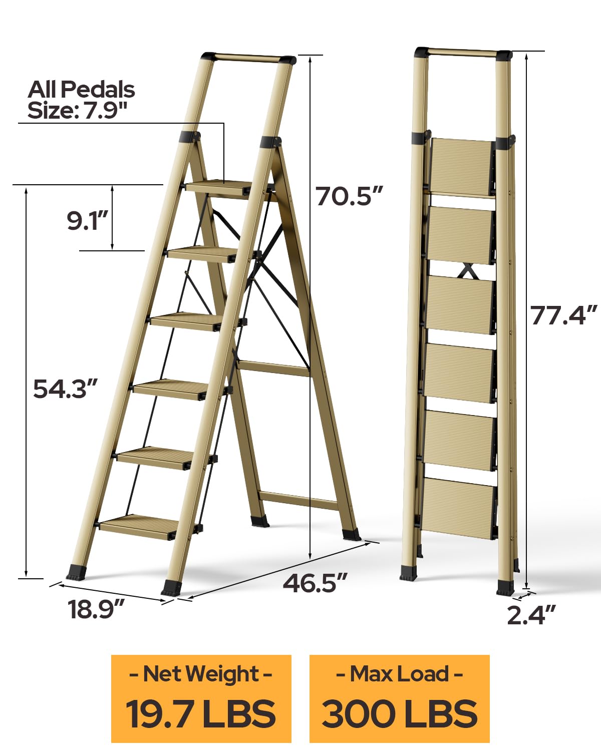 GameGem 6 Step Ladder for 12 Feet High Ceiling, Lightweight Aluminum Folding Step Stool with Convenient Handgrip, Stepladders with Anti-Slip and Wide Pedal for Home Use Space Saving - Gold