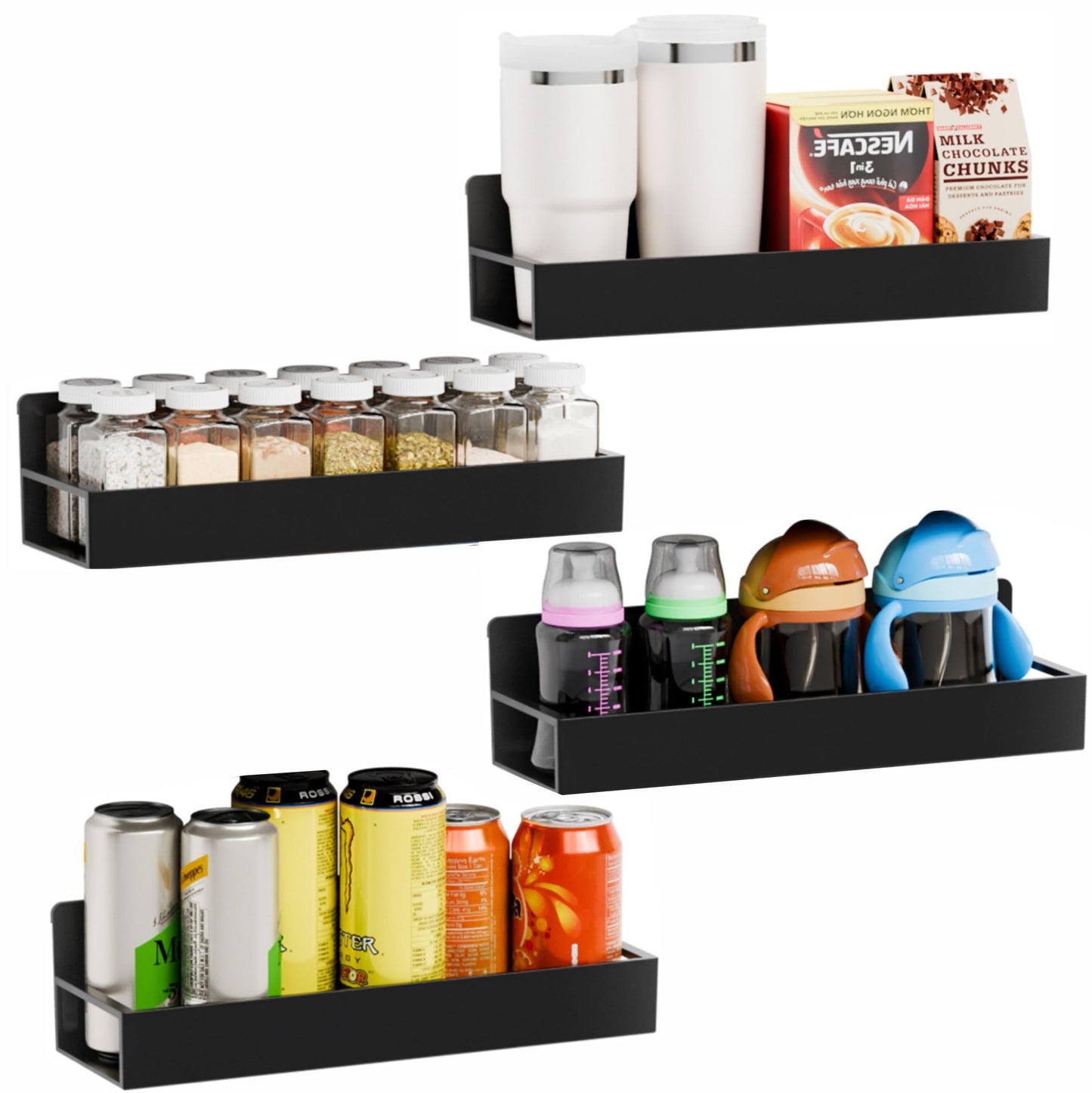 Yieach 4 Pack Black Spice Rack Wall Mount with Adhesive,11.5″L x 3.6″W,Stick on Seasoning Jar Spice Organization for Cabinet Door or Pantry Door,Adhesive Wall Spice Rack for RV,Kitchen,Inside Cabinets