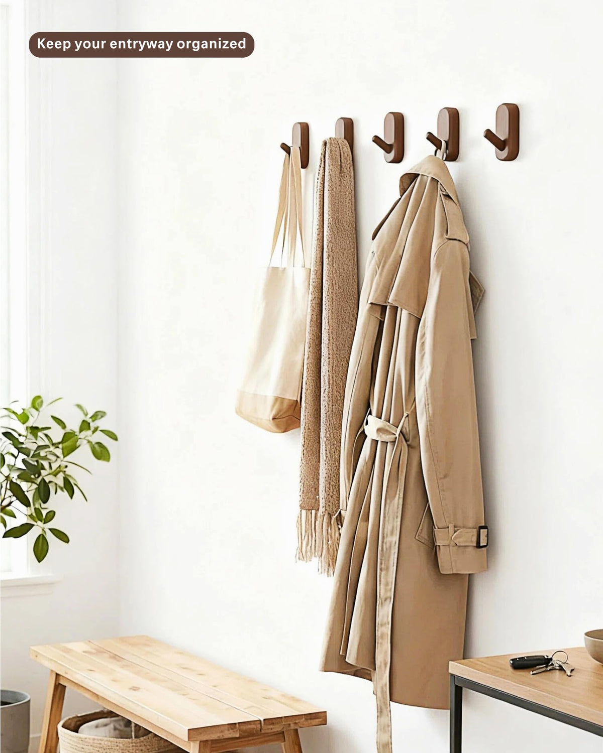 FCOWK Wooden Wall Hooks for Hanging - 4 Pack Heavy Duty Coat Hooks Wall Mount- Solid Walnut Wood Hat, Bag, Backpack & Towel Hooks - Modern Key Holder for Bathroom & Entryway (Dark Walnut)