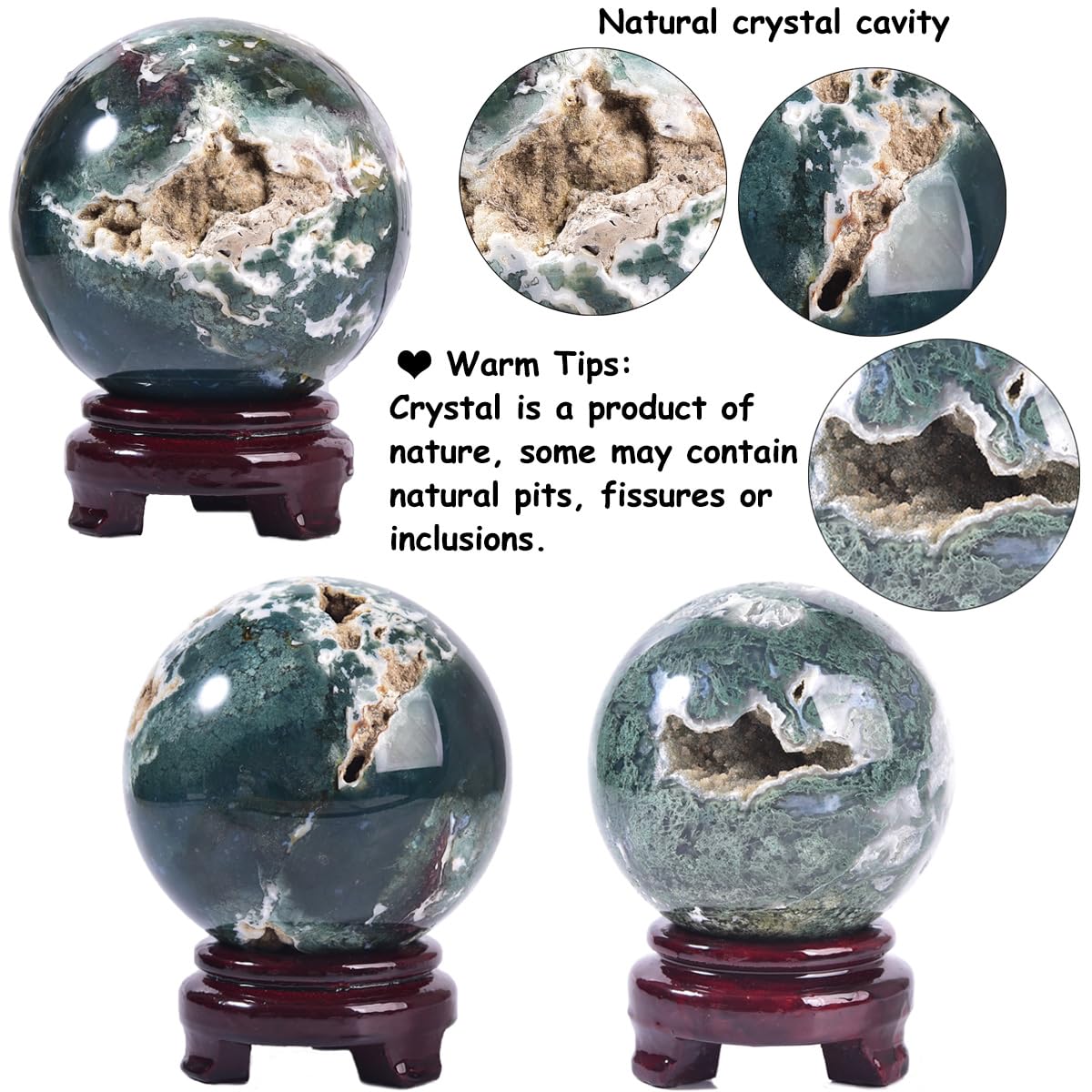 MOGEMT Large Moss Agate Crystal Sphere Natural Healing Crystal Ball with Stand Meditation Decorative Balls Home Decor 100-110mm/3.9-4.3"