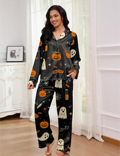 SHESHOW Funny Halloween Pajamas Women Satin Pajama Long Sleeve 2 Piece Sets Cute Halloween Pjs Women Black XL