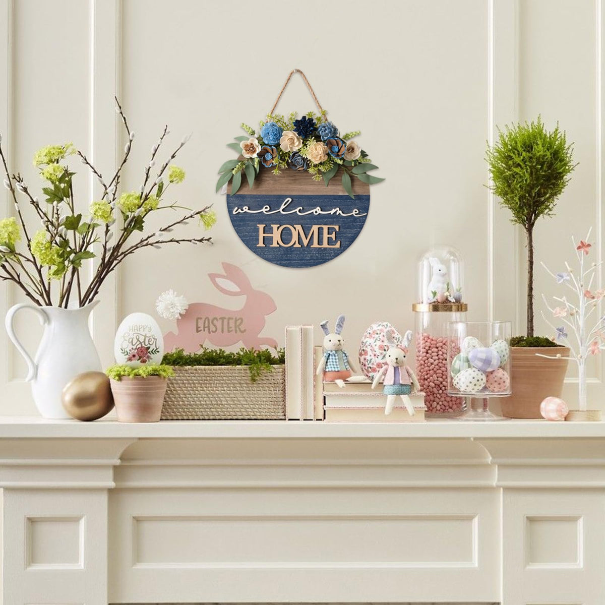 Spring/Summer Welcome Sign for Front Door 16 Inch Round Wood Sign with Rice-Paper Plant Flowers Hanging for Farmhouse Porch Door Decoration (Blue)