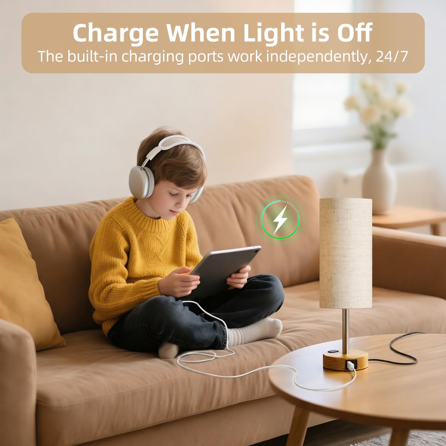 Fitfull Table Lamp for Nightstand, High-Sensitivity Touch, 3-Level Dimmable Bedside Lamp with AC Outlet | USB | and USB-C, Ideal Night Stand Lamp for Bedroom, Reading, Living Room(Warm&Wooden)