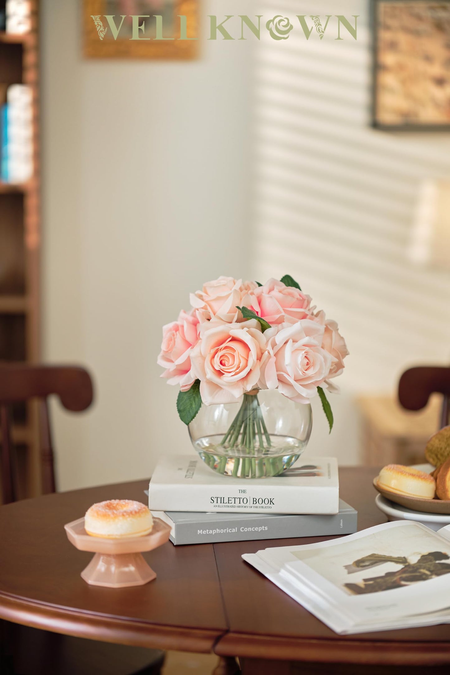 WELL KNOWN Artificial Flowers with Vase, Silk Rose Artificial Flowers Table Centerpieces with Faux Water for Home Decoration Fake Roses Flower Arrangements for Table Decor (Pink)