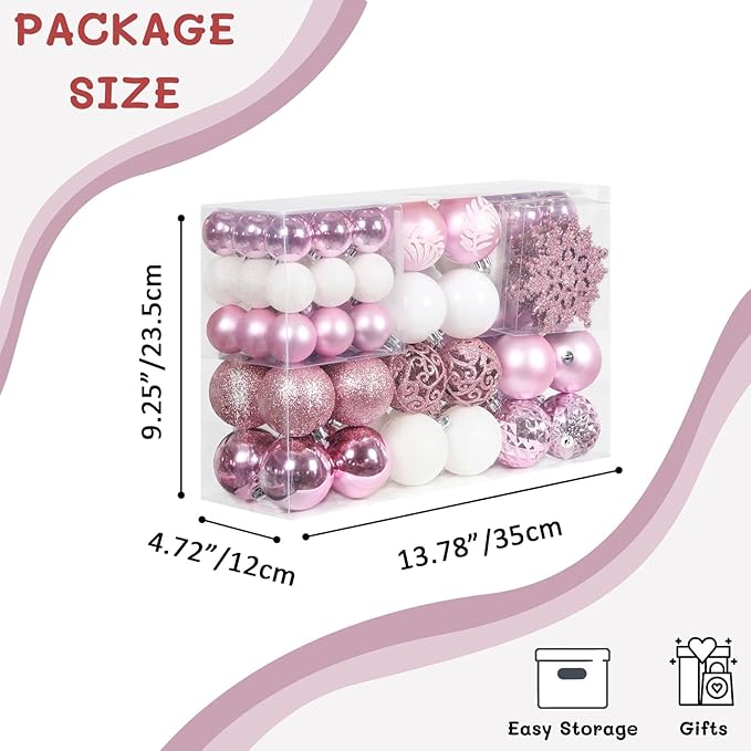 SY CRAFT 86 Pieces of Assorted Shatterproof Christmas Ball Snowflake Ornaments Seasonal Decorative Hanging Ornament Set with Hand-held Gift Package for Xmas Tree Decorations (86PCS, Pink)