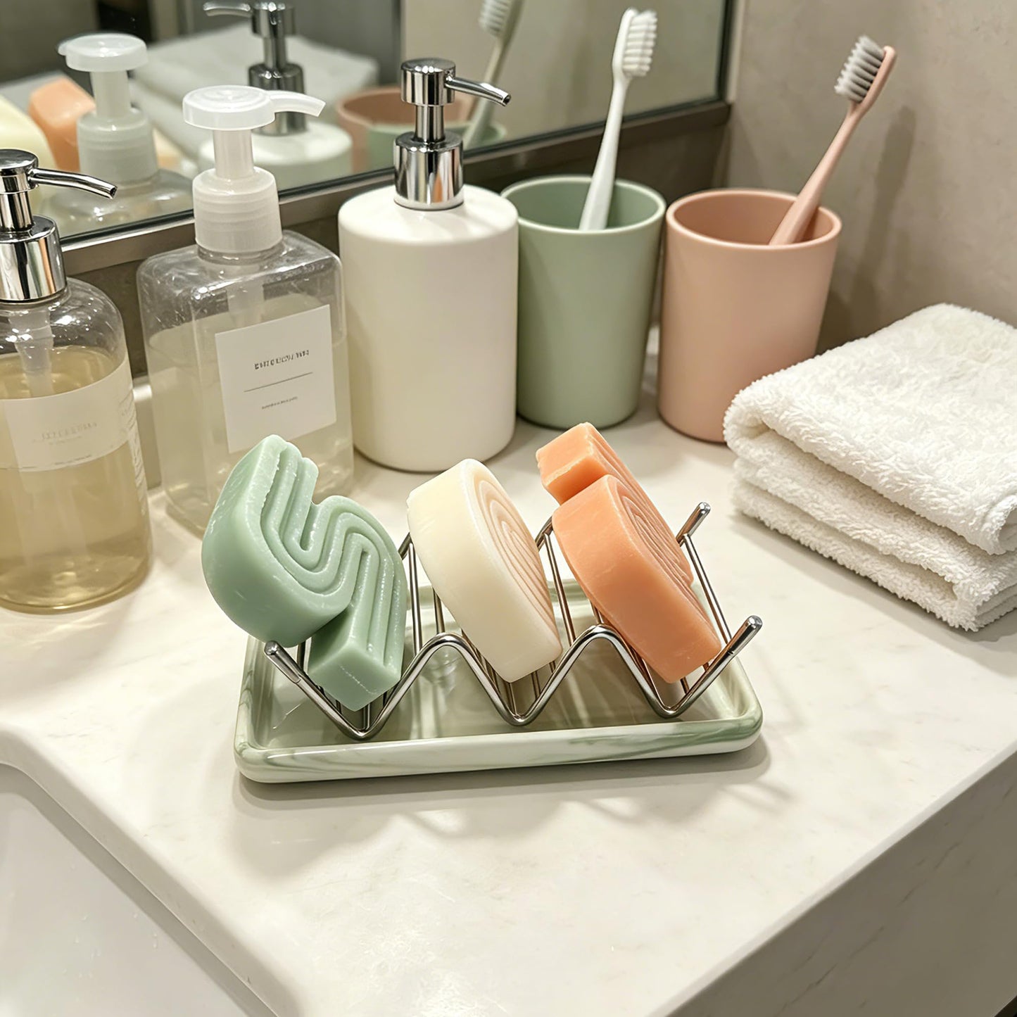 Lofekea Soap Dish, Stainless Steel Self Draining Shower Bar Soap Holder with Ceramic Dish Tray, W Style Soap Saver for Bathroom, Sink, Kitchen and Countertop(Green Texture)