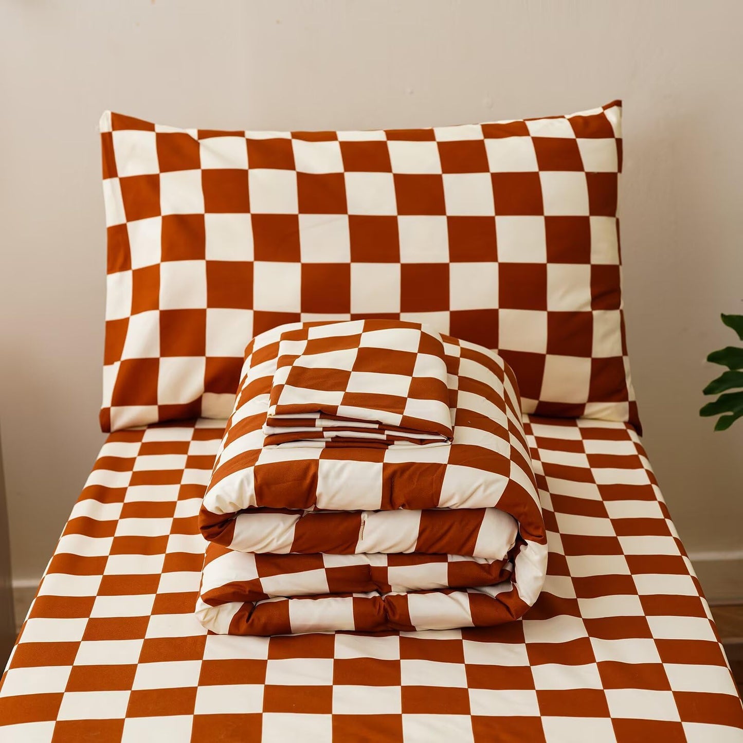 CLOTHKNOW 4Pieces Brown Plaid Toddler Bedding Sets for Boys Girls Grid Comforter, Soft Crib Bed Set Including Comforter, Flat Sheet, Fitted Sheet and Pillowcases