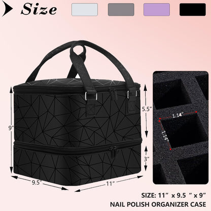 FCQQYWZ Nail Polish Organizer Case - Holds 42+ Bottles (15ml/0.5 fl.oz) and 1 Nail Lamp, Upgraded Double-layer Nail Polish Carrying Case Nail Storage Bag with Handles (Black)