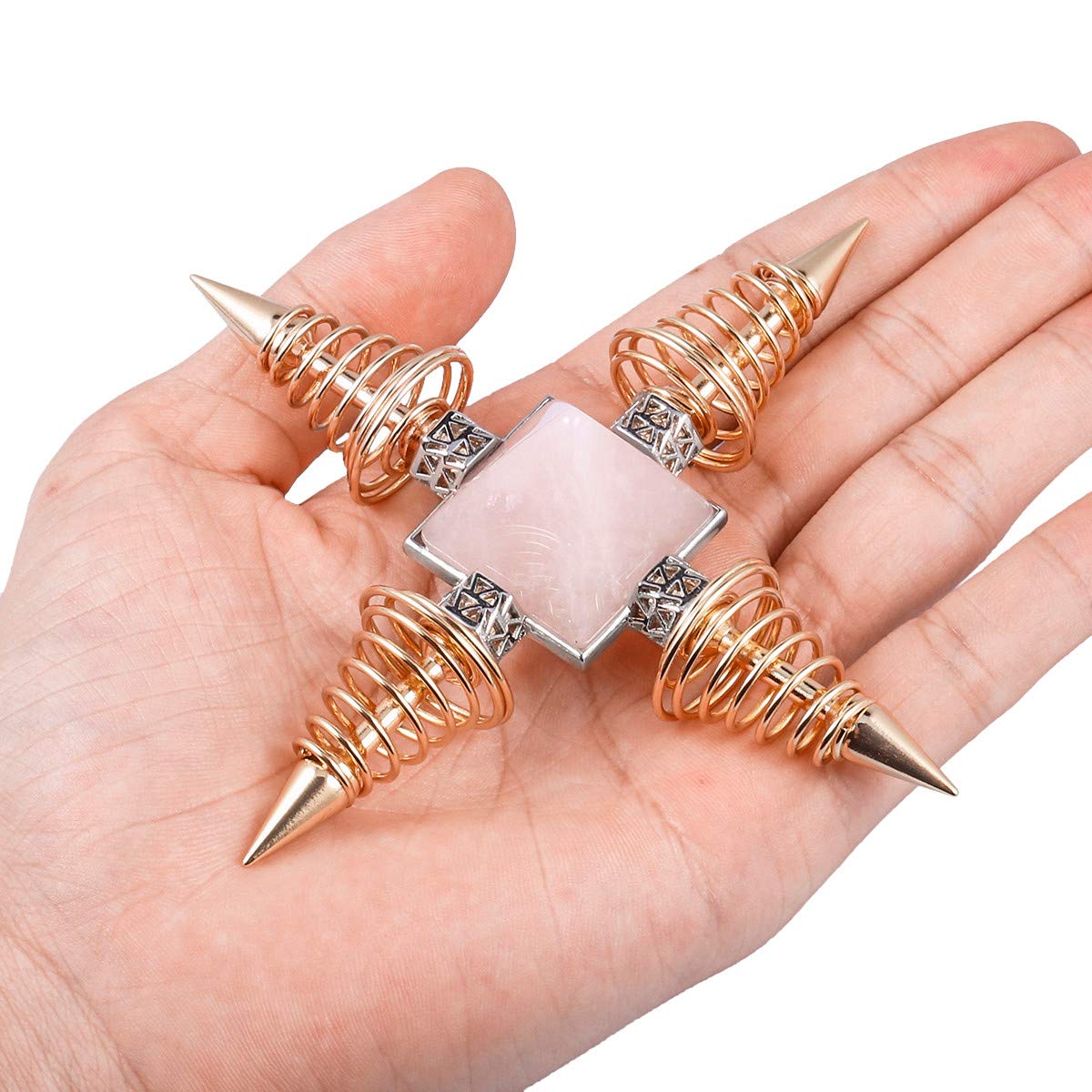 mookaitedecor Rose Quartz Pyramid Healing Crystal Stone Energy Generator with 4 Spiral Copper Points for Reiki Balancing Meditation, Rose Gold Plated