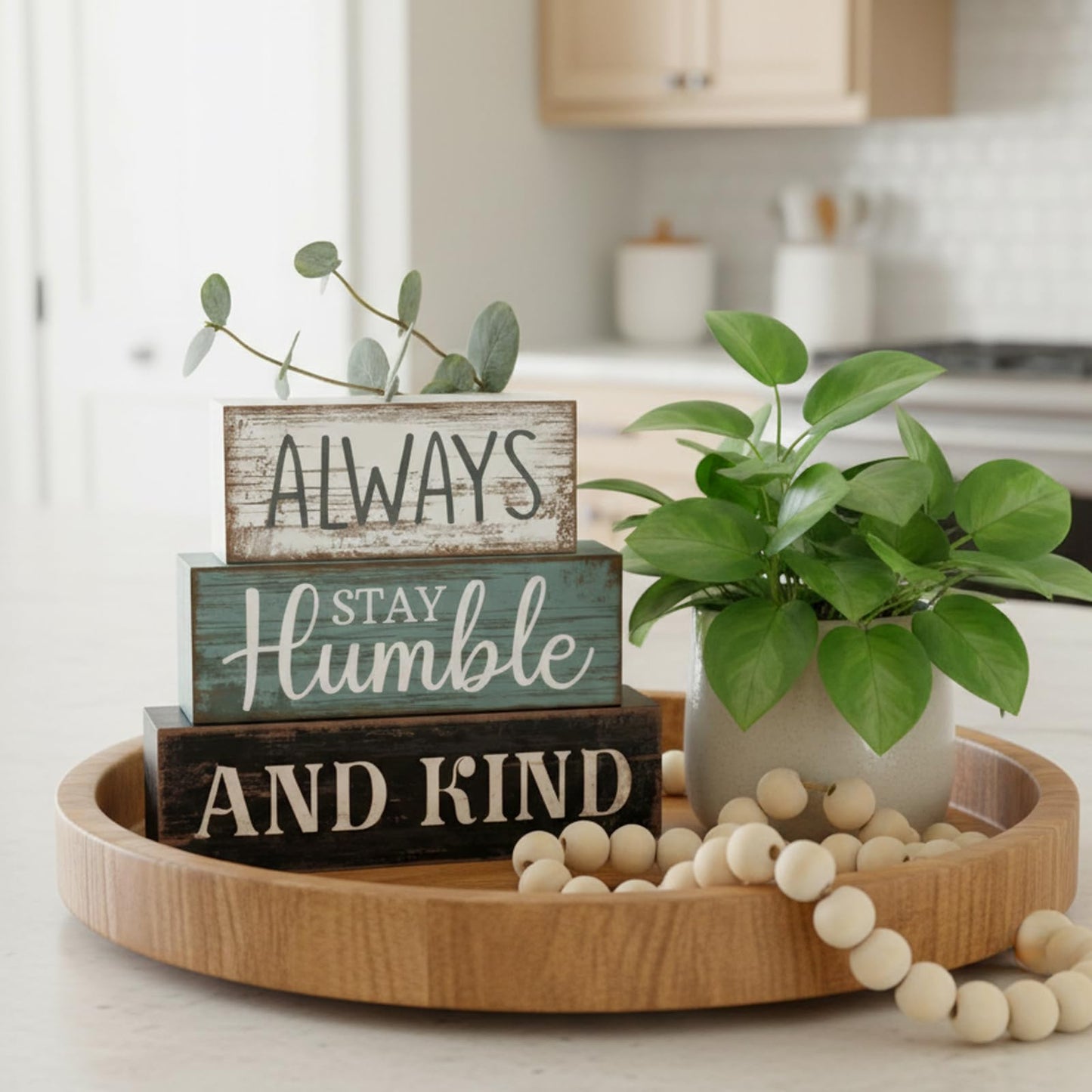 Lineshading 4 Pcs Inspirational Farmhouse Table Decor Always Stay Humble and Kind Stacked Wooden Block Signs with Inspirational Quote Eucalyptus Leaves for Home, Living Room, Shelf Housewarming Gift