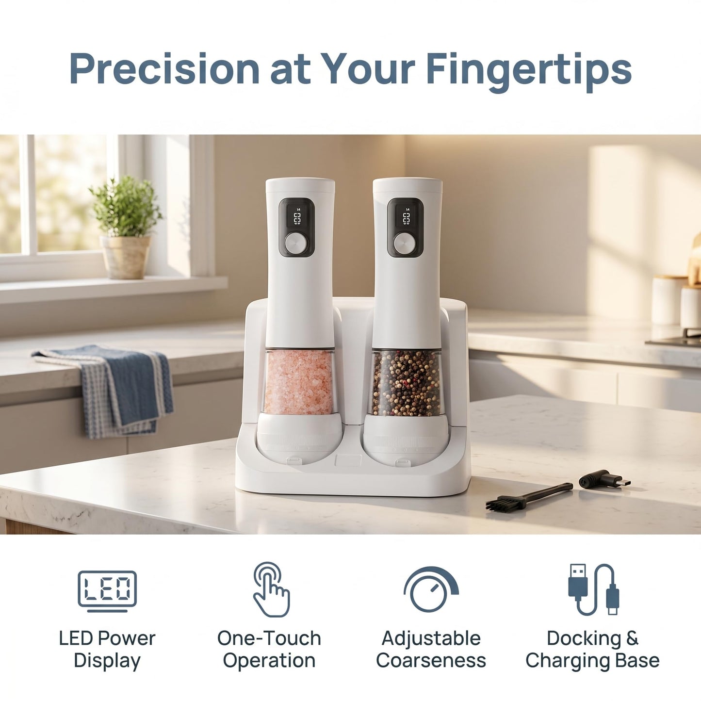 Electric Salt and Pepper Grinder Set, Rechargeable Automatic Pepper Mill with Base,Display, LED Lighting, Large Capacity-Ideal for Kitchen, BBQ Gifts (2, White(27C))