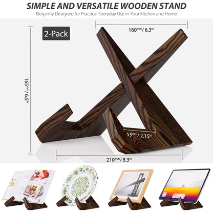 CeleVista Cookbook Stand for Kitchen, Wooden Cook Book Holder, Plate Stands for Decor Display, Recipe, Counter, Photo, Gift(Rustic Brown) (6.5in-2P)