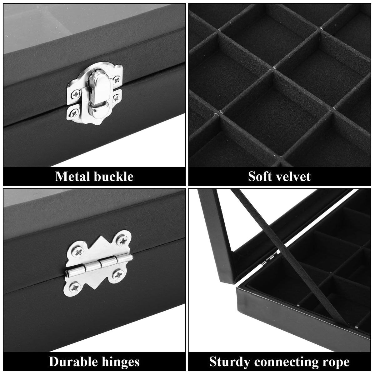 Acrux7 2 Pack Rock Collection Display Case, 24 Grid Rock Display Case, Black PU Leather Rocks Collection Box with Clear Glass Lid and Soft Velvet Grids for Collectibles, Gemstone, Crystal, Small Stone