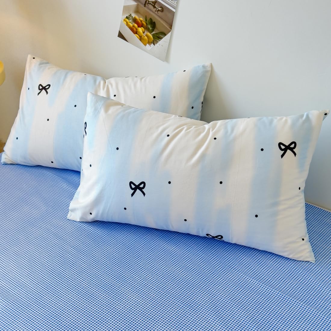 LIWHENHAO Bowknot Duvet Cover Set Queen 100% Cotton Bedding Black Bowknot Polka Dot on Blue White 1 Abstract Striped Comforter Cover Full Zipper Closure 2 Pillowcases for Kids Girls Boys Woman