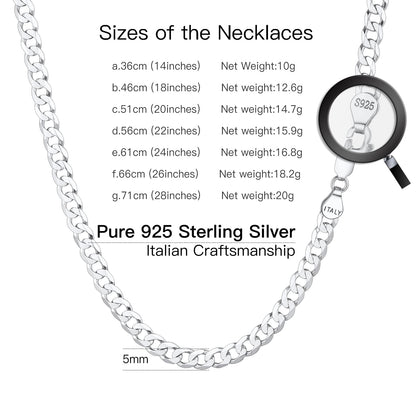Suplight 925 Sterling Silver Cuban Chains Necklace for Men 5mm Flat Solid Mens Necklaces 20 Inch Men's Silver Chain Gift for Son Husband Father