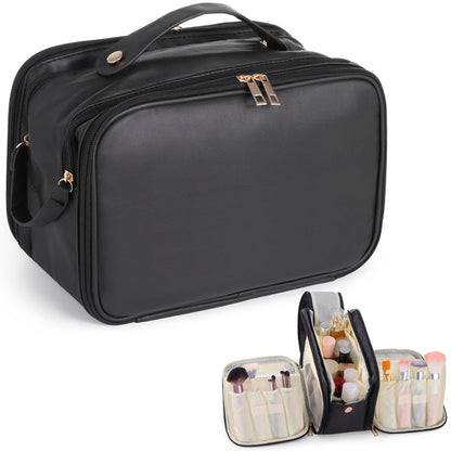 DORMIYA Black Travel Makeup Bag for Women - Large Capacity Cosmetic Organizer, Multi-Layer Toiletry Bag with Handle, Waterproof PU Leather Portable Makeup Zippered Case with Standing Brush Holder