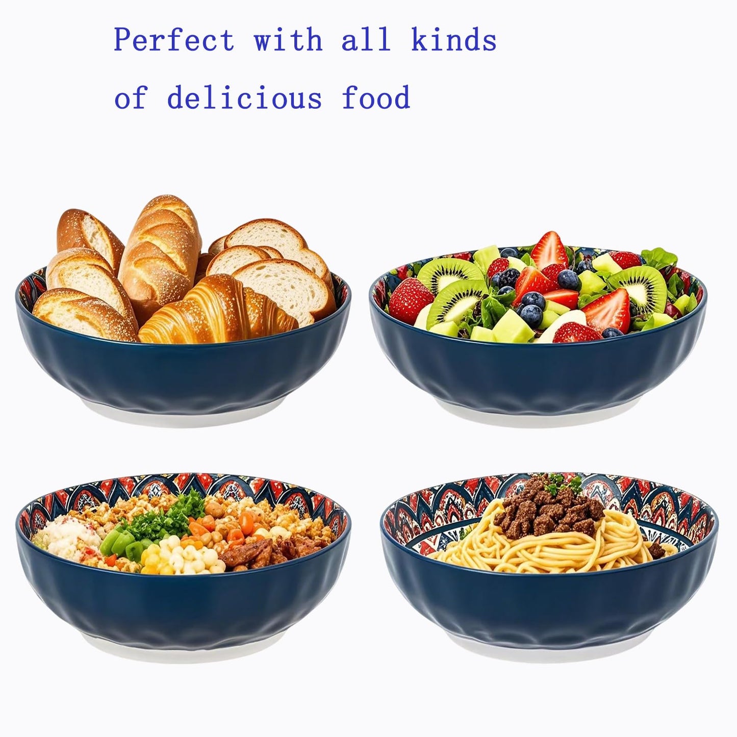 OZY Large Serving Bowls,10 inch Ceramic Salad Bowls,Ideal Housewarming Gift,Vibrant Color Soup Bowls for Party,Pasta,Fruit,Dishwasher & Microwave Safe Soup Bowls (Blue)