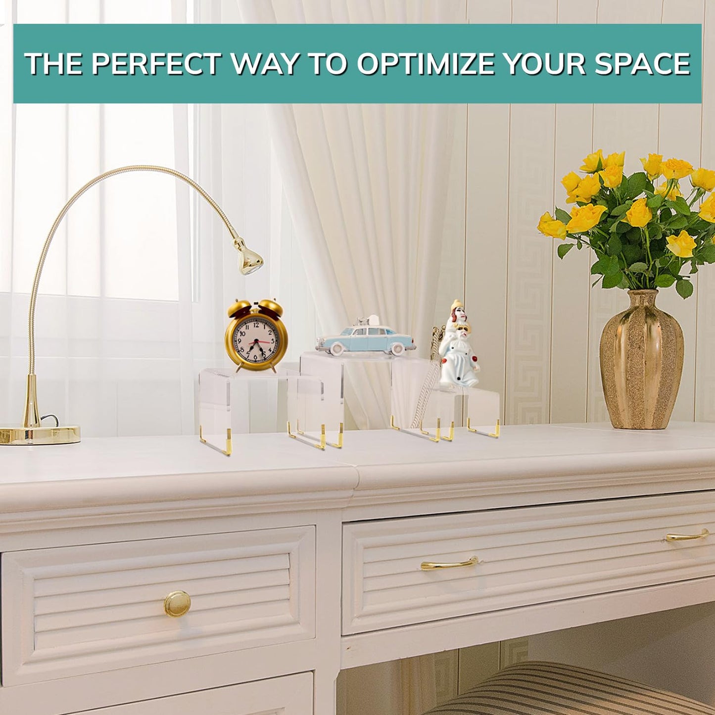pbf Acrylic Display Risers w/ Gold Accents | 3 Tier Perfume Stand Organizer | Clear Acrylic Shelf Riser | Layered, Tiered Acrylic Display Stands for Collectibles, Fragrance Holder, Skincare Stand