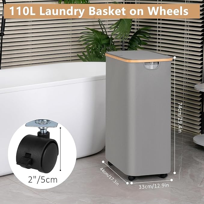 Laundry Basket with Wheels, 110L Clothes Hamper