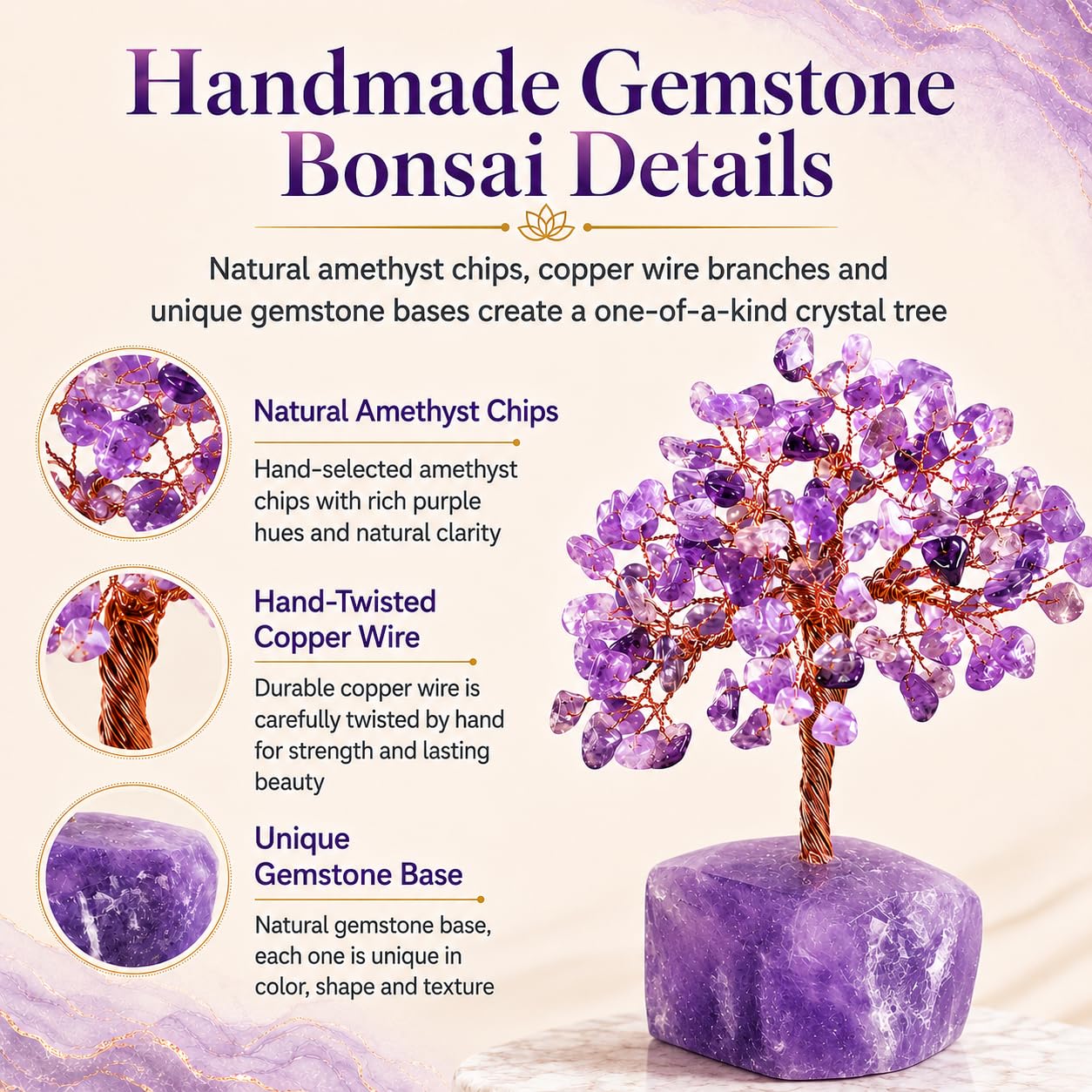 Amethyst Crystal Tree of Life, Purple Money Tree, Crystals and Healing Stones Gemstone Bonsai, Reiki Positive Energy Feng Shui Desk Decor, Spiritual Gifts for Women Mom Sister