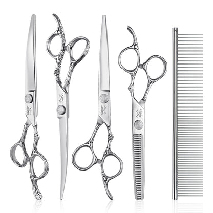 JASON Dog Grooming Scissors Kit, Professional 6 in 1 Dog Scissors Set - 6.5" Thinning, 7" Straight, 7" Up-Curved, 7" Down-curved Shears and Comb for Dog Cat Pet (Silver) Christmas Gift