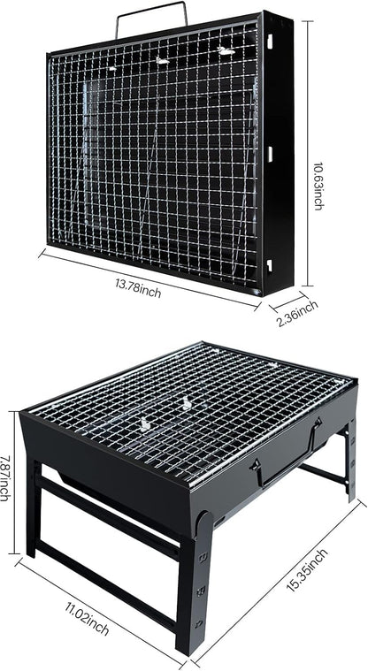 BBQ Barbecue Grill, Portable Folding Charcoal Barbecue Desk Tabletop Outdoor Stainless Steel Smoker BBQ for Picnic Garden Terrace Camping Travel 15.35''x11.41''x2.95'' (Black)