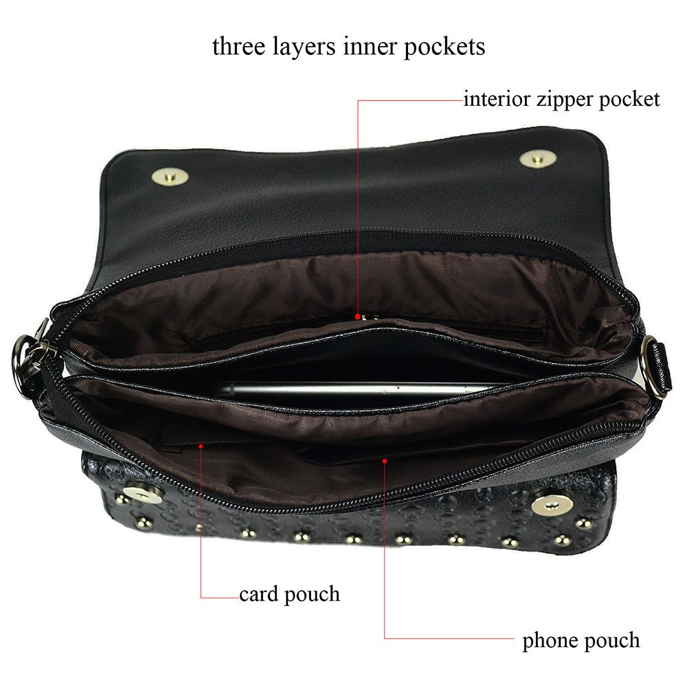 Sibalasi Women Gothic Purse Skull Crossbody bag Rivet Practical Black Shoulder Handbag Halloween purses (A)