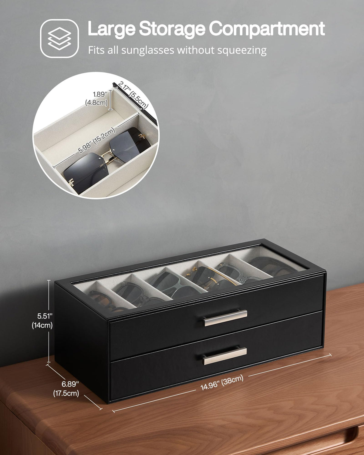 ProCase 12 Slots Sunglasses Organizer, 2-Layer Eyeglass Holder with Clear Glass Lid, PU Leather Glasses Storage Display Case for Men Women -Black