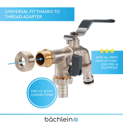 Bächlein Universal Double Outlet Tap for The Garden [Anthracite] incl. 2 Hose Connections - Noble Double Water Tap with 1/2 and 3/4 Inch Connection, Double Ball Outlet Valve