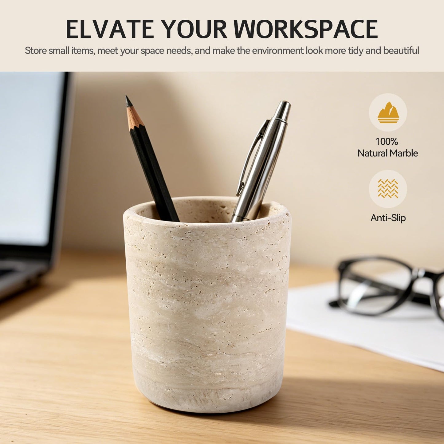 Erongoo Travertine Pen Holder, Natural Travertine Toothbrush Holder Pencil Cup Organizer for Desk,Premium True Marble Desk Accessories for Home Office,Bathroom and Kitchen