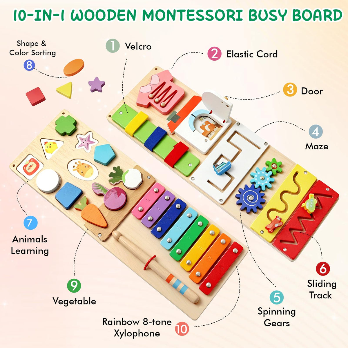 Montessori Busy Board for 1 Year Old, 2 Pcs Wooden Sensory Toys for Toddlers 1-3, Preschool Learning Activities Game for Fine Motor Skills, Birthday Easter Gifts for 1 2 3 4 Years Old Baby Boys Girls