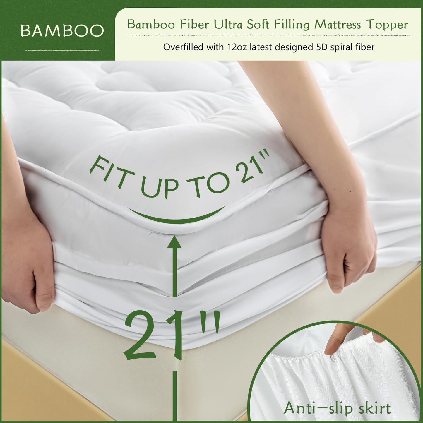 GRT Queen Size Mattress Pad Rayon from Bamboo, Extra Thick Quilted Fitted Mattress Topper with 21 Inches Deep Pocket, Cooling Mattress Pad, Breathable and Noiseless Mattress Cover