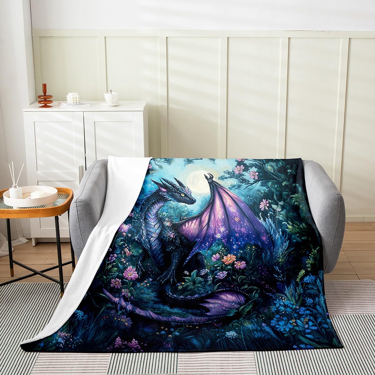 Feelyou Dragon Plush Throw Blanket Queen 90"x90" Dragon Stuff Flannel Fleece Blanket for Boys Girls Teens Wild Life All Season Bed Blanket Jungle Dragon Blanket Room Decor Balck Blue