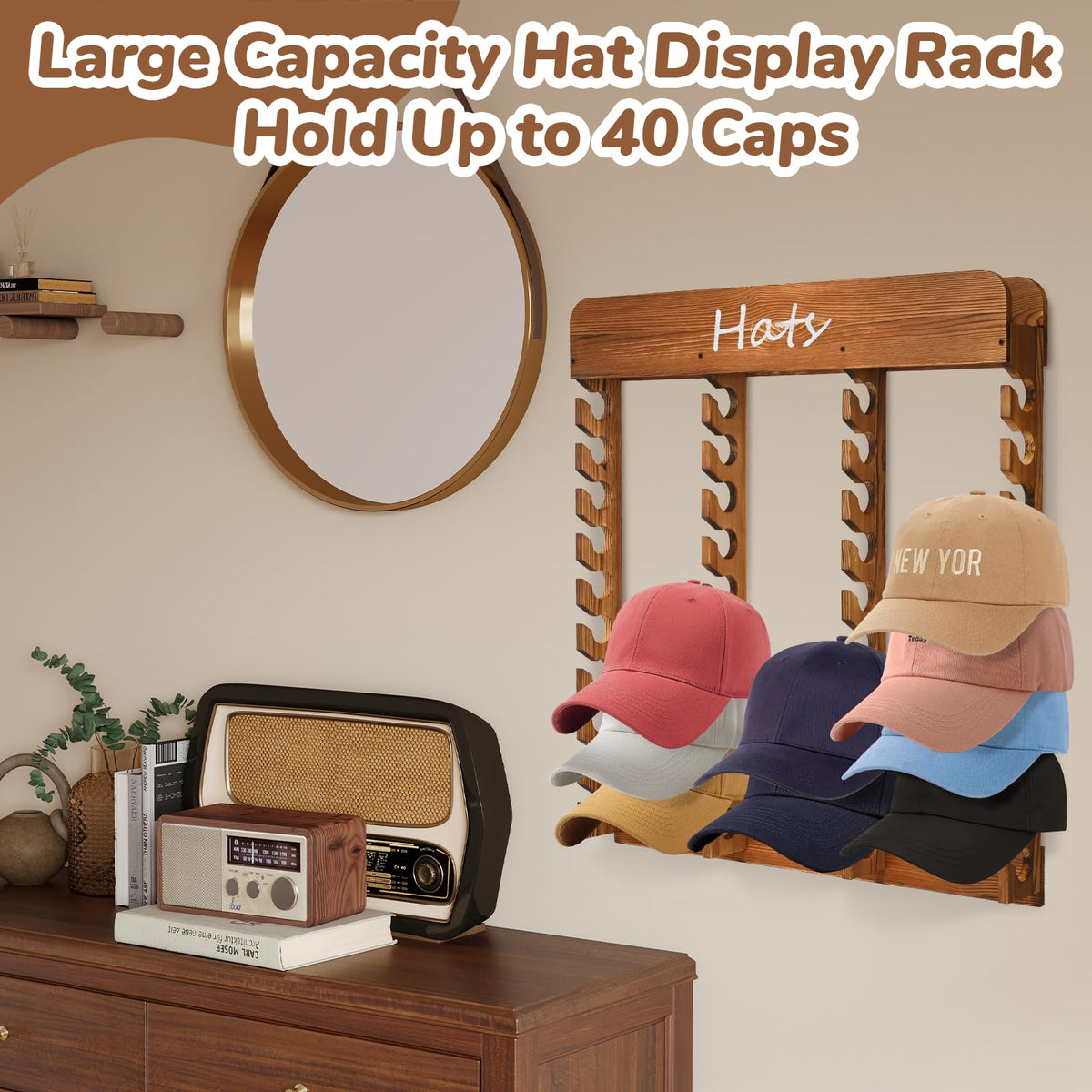 WYJREES Wooden Hat Racks for Baseball Caps, 40-Slot Wall Mount Baseball Cap Rack, Hat Organizer for Display and Storage, Vertical Cap Hanger for Bedroom, Entryway or Closet