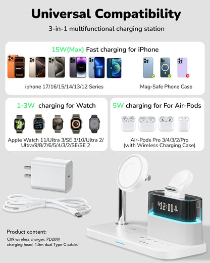 5 in 1 Wireless Charging Station for Apple,Magnetic Charger with Alarm Clock Night Light for Multiple Devices,Nightstand Charging Station Compatible with iPhone 17/16/15/14/13/12,Apple Watch,Air-Pods