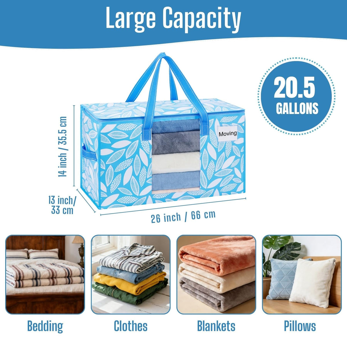 VENO 4 Pack Heavy Duty Moving Bags, Clothes and Comforter Storage Bags with Clear Window, College Dorm Essentials Packing Supplies, Foldable Boxes Alternative (Spring Breeze, 4 Pack)