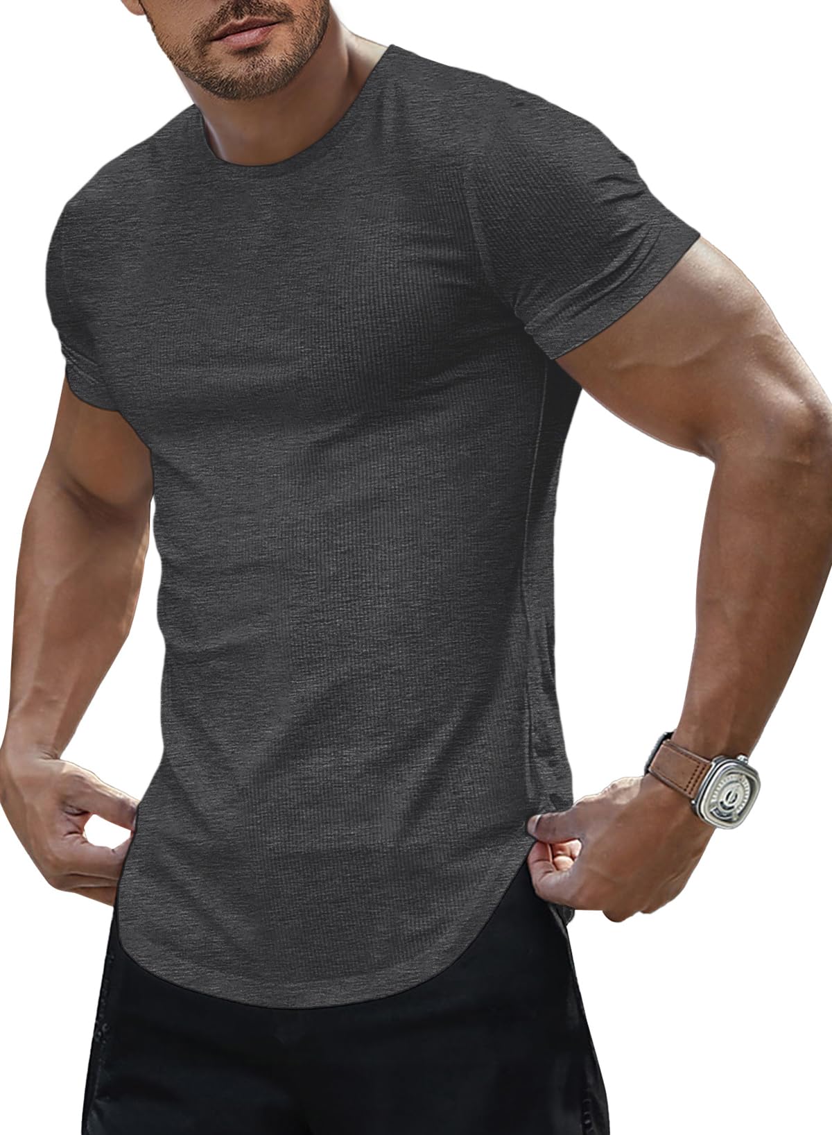 JMIERR Mens Short Sleeve Casual Shirts Muscle Slim Fitted Fashion Shirt Crewneck Longline Tees Shirts for Gym Workout Athletic, US 46(XL), Dark Grey